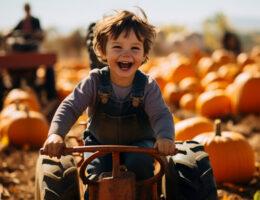 Kleiner Junge spielt auf einem Traktor auf Kürbisfeld, Bauernhof, Herbst