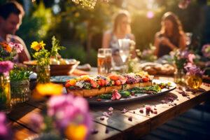Gruppe von Freunden beim Mittagessen an einem schönen Tisch im Garten. Lifestyle-Konzept. Essen und Trinken im Freien, im Restaurant , oder auf einem Bauernhof