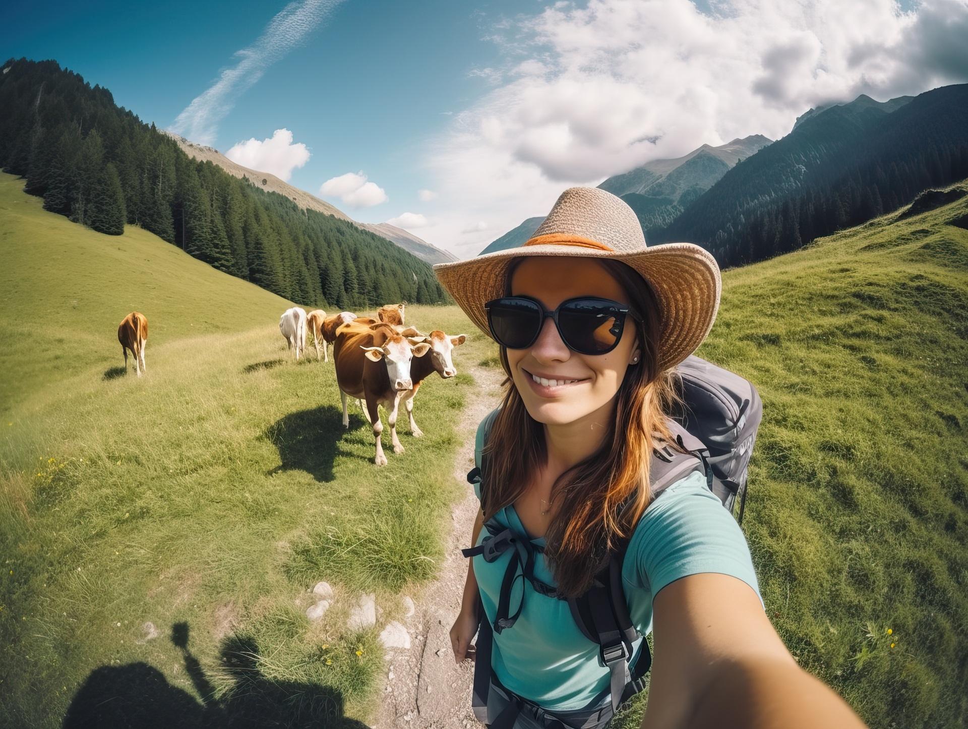 Wanderin macht Selfie auf Alm mit Kühen | Hütten mieten Österreich